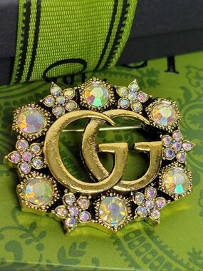 Arora Borealis Crystal GG Gold Brooch